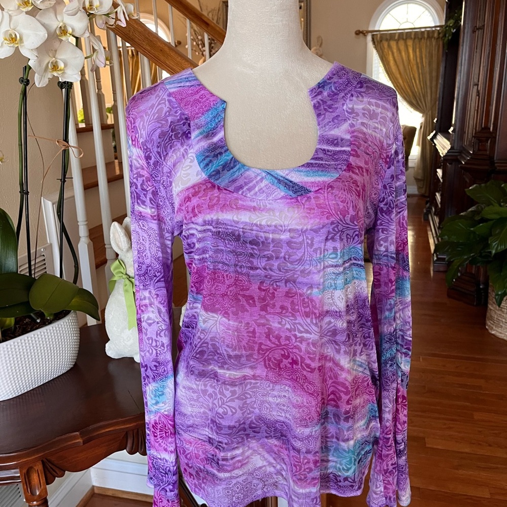 INC International Concepts Purple and Pink Long-Sleeve Scoop Neck Top